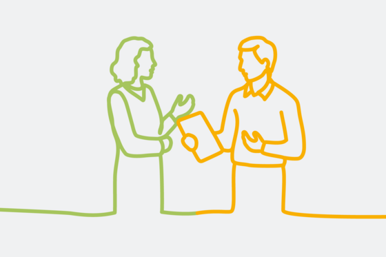 Grafische Darstellung von zwei Personen in einem Gespräch, Dienstleistungen Medizinsektor, Krankenhausdienstleister, Personal, IT, Medizintechnik, Controlling, Albertinen Zentrale Dienste Grafische Darstellung von zwei Personen als orange-grüne Bändergrafik in einem Gespräch