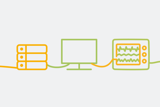 Grafische Darstellung eines IT-Servers, eines Computermonitors und eines Medizinmonitors als Bändergrafik, Dienstleistungen Medizinsektor, Krankenhausdienstleister, Personal, IT, Medizintechnik, Controlling, Albertinen Zentrale Dienste Grafische Darstellung eines IT-Servers, eines Computermonitors und eines Medizinmonitors als Bändergrafik