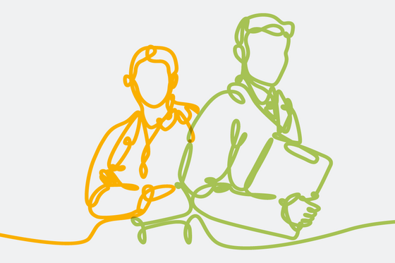 Grafische Darstellung von zwei ärztlich tätigen Personen in Arbeitskleidung und mit Stetoskopen, Dienstleistungen Medizinsektor, Krankenhausdienstleister, Personal, IT, Medizintechnik, Controlling, Albertinen Zentrale Dienste Grafische Darstellung von zwei ärztlich tätigen Personen in Arbeitskleidung und mit Stetoskopen